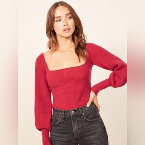 Reformation Red Ribbed Square-Neck Sweater